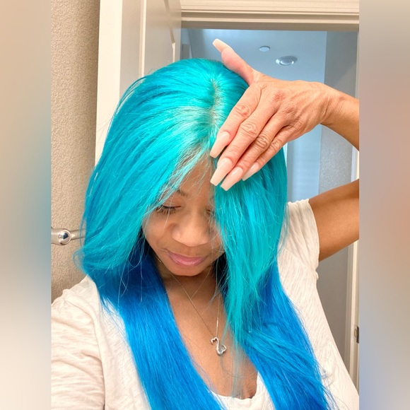 Human Hair Ombré Blue Lace Front Wig - Picture 9 of 14